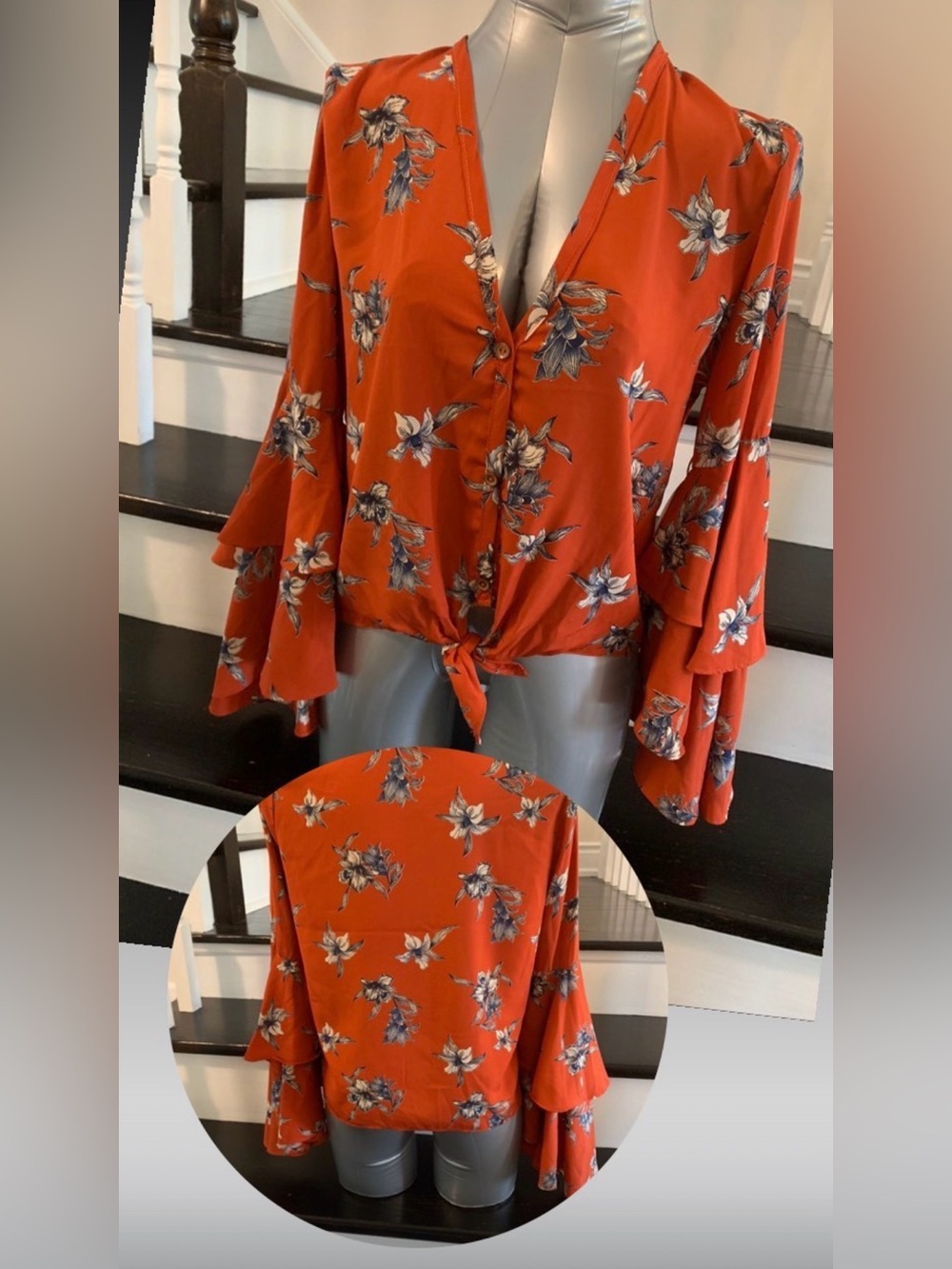 Hummingbird Rust Floral Tie-Front Bell-Sleeve Blouse